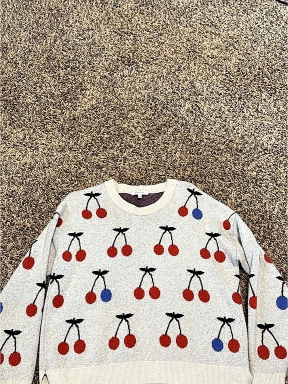 Madewell Cherry Jacquard Pullover Sweater Gray & Red Medium